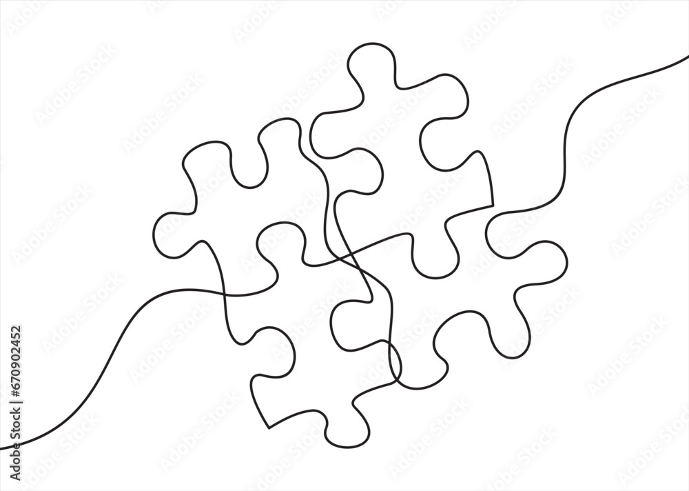 Aufkleber continuous one line drawing of two pieces of jigsaw on white background. puzzle game symbol and sign