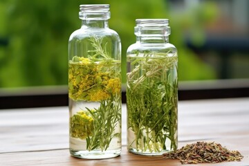 transparent container filled with botanical-infused gin