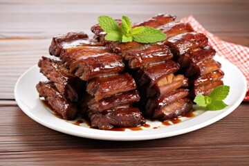 five stacked glazed pork ribs on a porcelain platter