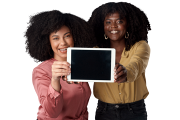 Tablet, screen and portrait of women showing interactive ui, ux and isolated in a transparent or png background. Technology, together and happy young female with internet, website or app review
