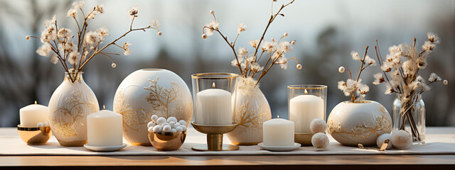 Happy New Year and Christmas holiday concept. beautiful white New Year decorations with candles,...