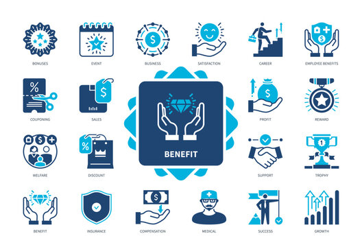 Benefit icon set. Business, Satisfaction, Employees Benefit, Growth, Compensation, Profit, Success, Bonuses. Duotone color solid icons