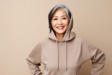 Smiling Asian woman posing in a beige hoodie on a beige background. Athleisure style