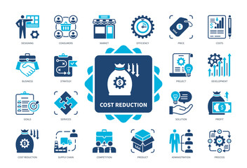 Cost Reduction icon set. Market, Competition, Efficiency, Administration, Supply Chain, Product, Consumers, Profit. Duotone color solid icons