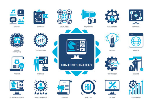 Content Strategy icon set. Content, Creative, Planning, Analysis, Development, Project, Digital Marketing, Success. Duotone color solid icons