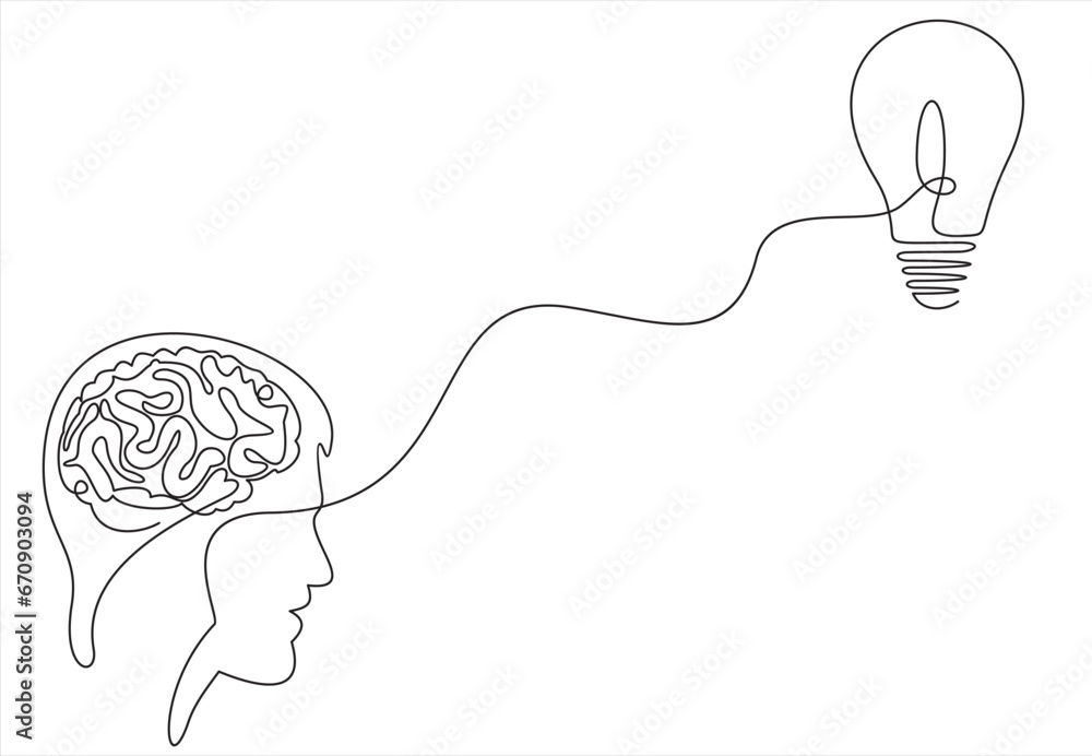 Poster continuous one drawn line of a man thinking with light bulb in front of his head. allegory of soluti
