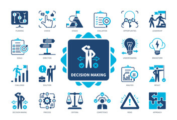 Decision Making icon set. Brainstorm, Criteria, Planning, Analysis, Competence, Opportunities, Understanding, Result. Duotone color solid icons - obrazy, fototapety, plakaty