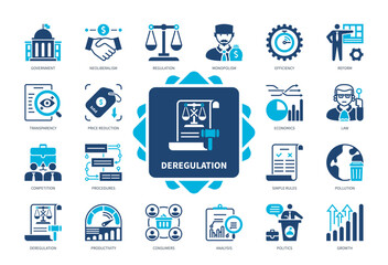 Deregulation icon set. Economics, Competition, Transparency, Simple Rules, Consumers, Price Reduction, Productivity, Efficiency. Duotone color solid icons
