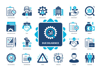Due Diligence icon set. Investment, Evaluation, Risks, Decision Making, Cost, Management, Contract, Analysis. Duotone color solid icons