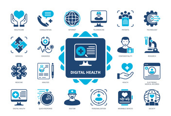 Digital Health icon set. Telemedicine, Diagnosis, Quick Response, Wearable Devices, Patient, Analysis, Health, Consultation. Duotone color solid icons