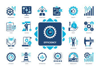 Efficiency icon set. Development, Project, Strategy, Quality, Vision, Planning, Competence, Resources. Duotone color solid icons