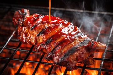 grill light illuminating bbq sauce glazed ribs