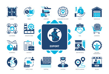Export icon set. Trade, Supply Chain, Logistics, Customers, Goods, Customs, Manufacturing, Commerce. Duotone color solid icons