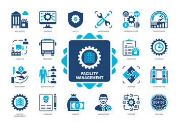 Facility Management icon set. Real Estate, Finance, Management, Administration, Infrastructure, Efficiency, Safety, Maintenance. Duotone color solid icons