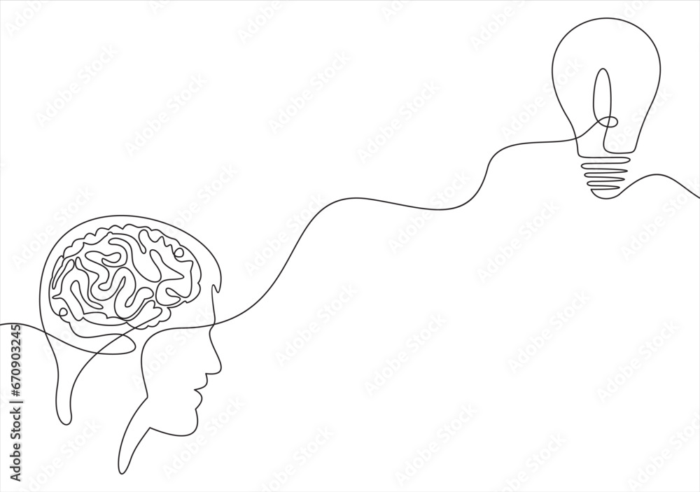 Poster continuous one drawn line of a man thinking with light bulb in front of his head. allegory of soluti