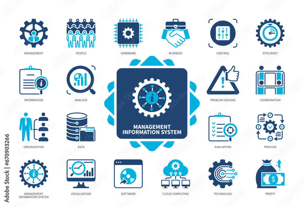 Poster management information system (mis) icon set. coordination, control, cloud computing, analysis, tech