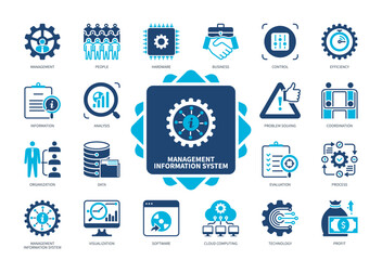 Management Information System (MIS) icon set. Coordination, Control, Cloud Computing, Analysis, Technology, People, Data, Business. Duotone color solid icons - obrazy, fototapety, plakaty