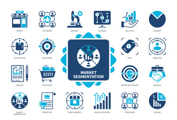 Market Segmentation icon set. Dividing, Customers, Purchasing, Marketing Strategy, Distribution, Targeting, Promotion, Consumers. Duotone color solid icons