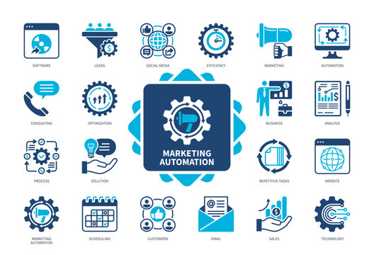 Marketing Automation icon set. Software, Scheduling, Consulting, Social Media, Sales, Customers, Solution, Leads Duotone color solid icons