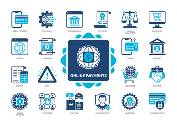 Online Payments icon set. Financial Regulators, Shopping, Online Banking, Website, Certificate, Risks, Authentication, Technology. Duotone color solid icons