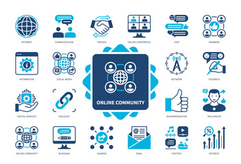 Online Community icon set. Internet, Network, Blogging, Digital Services, Friends, Communication, Social Media, Sharing. Duotone color solid icons