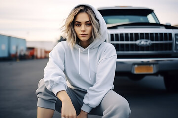 A beautiful blonde girl with short hair poses in a gray hoodie and pants in a car parking lot....