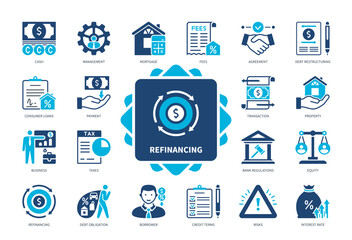 Refinancing icon set. Credit Terms, Mortgage, Debt Obligation, Consumer Loans, Interest Rate, Property, Conditions, Agreement. Duotone color solid icons - obrazy, fototapety, plakaty