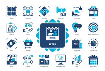 Retail icon set. Store, Distribution, Analysis, Consumers, Marketing, Online Retailing, Merchandising, Sales. Duotone color solid icons