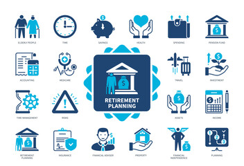 Retirement Planning icon set. Savings, Time Management, Assets, Pension Fund, Accounting, Property, Medicare, Insurance. Duotone color solid icons