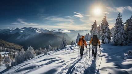 two mountaineer backcountry ski walking ski alpinist in the mountains, ski touring in alpine landscape with snowy trees, adventure winter sport - obrazy, fototapety, plakaty