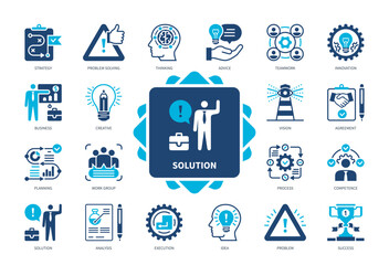 Solution icon set. Planning, Analysis, Problem Solving, Strategy, Thinking, Idea, Execution, Success. Duotone color solid icons
