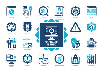 Software Testing icon set. Code, Integration, Bugs Prevention, Quality, Security, Requirements, Development, Usability. Duotone color solid icons - obrazy, fototapety, plakaty