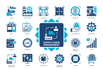 Supply Chain Management icon set. Logistics, Profit, Distribution, Manufacturer, Customers, Analysis, Management, Retailer. Duotone color solid icons