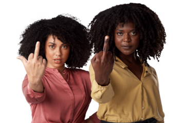 Portrait, middle finger and women with anger, conflict and expression isolated on a transparent background. Face, female people or models with hand gesture, png or frustrated with hate, rude or angry