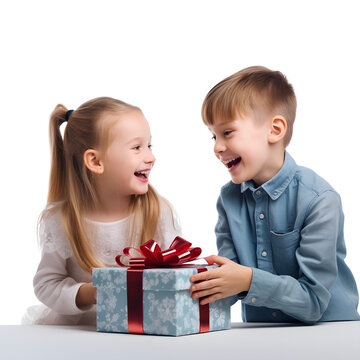 Children opening presents isolated on white background, png