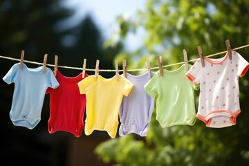 an assortment of baby clothes on a clothesline