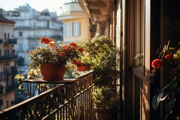 Fototapeta na wymiar Potted plants growing on narrow balcony. Generative AI
