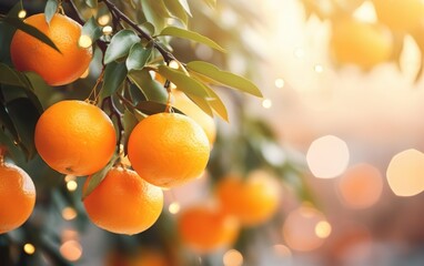 Tangerine tree branch close up on blurred background with photorealistic hanging tangerines, bokeh, de focus, copy space. Fresh morning concept. AI Generative