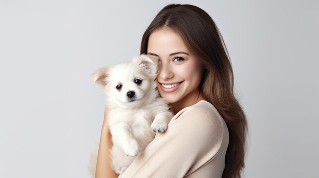 Young happy woman holding a lap dog in front of a white studio background.