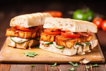 bbq tofu sandwich with vegan mayo and tomato