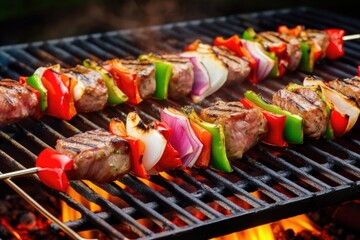 lamb kebabs on grill with red, green bell peppers, onions
