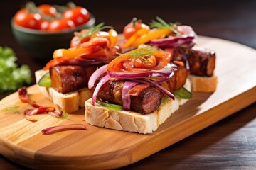 sliced barbecue sausage sandwich with garnishes on a wooden platter
