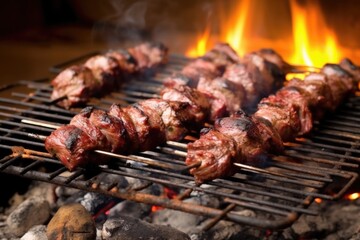 lamb kebabs on a rusted grill, smoky charcoal underneath