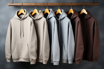 Several hoodies of different colors hang on a hanger on a dark background. Athleisure style