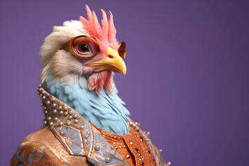 Creative animal concept. Chicken hen in glam fashionable couture high end outfits isolated on bright background advertisement, copy space. birthday party invite invitation banner