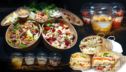 Collage with different types of salads, yogurts and toasts.