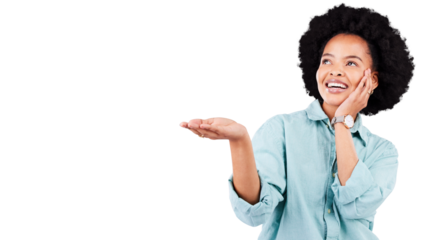 Thinking, showing and black woman with hands, opportunity and promotion isolated against a transparent background. Ideas, female person and happy model with happiness, choice and decision with png