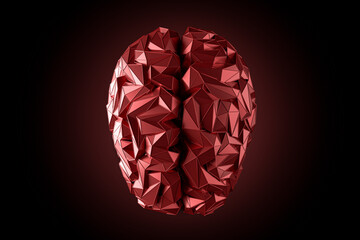 3d illustration of stylized low-poly brain symbolizes intelligence and creativity. Red metallic brain isolated on black background