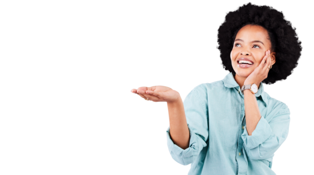 Thinking, showing and black woman with hands, opportunity and promotion isolated against a transparent background. Ideas, female person and happy model with happiness, choice and decision with png - Powered by Adobe