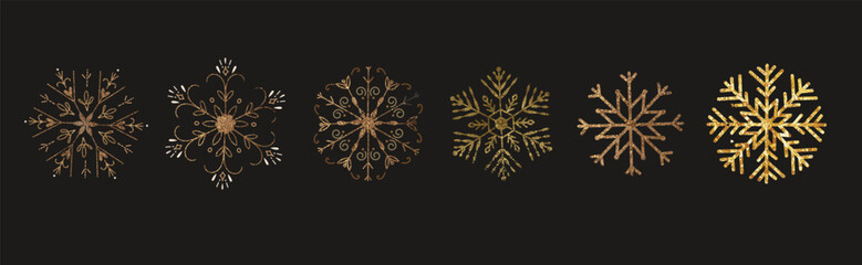 Snowflake set with watercolor texture for Christmas and new year decoration. Winter elements with golden glitter vector.